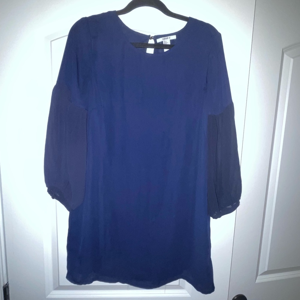 Blue long sleeve dress see through mesh after elbows